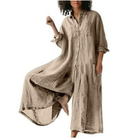 Ženski pamučni posteljina putne košulje dugih rukava širine noge cvrljeni džepovi gumb prema gore dugih