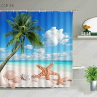 Tropska plaža Sand Starfish Palm Coconut Tree Plavo nebo Scena zastove za tuširanje Ljeto Ispis Fotografija
