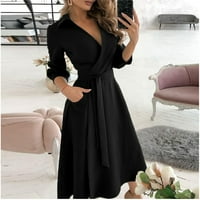 Ženske haljine čišćenje dugih rukava Solid moda Maxi Wrap V-izrez ljetna haljina crne s