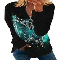 Glonme Women Majica V izrez T Majica Butterfly Print Tee Jesen Ležerne prilike Tunika Bluza Labavi zip