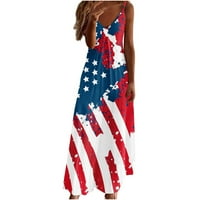Žene Spaghetti remen Maxi haljina V izrez zvijezde Stripes američka zastava duga haljina ljetna plaža