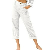 Ženske hlače casual pantalone džepni gumbi elastični struk udobne ravne hlače bijele l