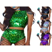 Žene Cosplay set dvostruki holografski reflektivni vrhovi bez leđa + kratke hlače za zabavu za partijski