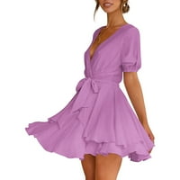 Ženska ljetna puna boja nepravilna suknja s remenom V-izrez