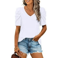 Encola Womens Ljetna majica V izrez Casual Thirts Puff rukavi za žene bijele l