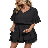 Capreze Ženska haljina rupice od pune boje mini haljine kratki rukav V izrez sa crnim crnim 3xL