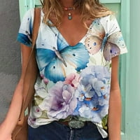 Dianli Ljetni vrhovi za žene Trendy V-izrez Tunika cvjetni print kratkih rukava Ljetne majice Plaža