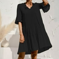 IOPQO Crne haljine za žene puff rukava ruffle mini haljina V izrez čvrste dresene haljine