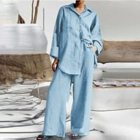 Edvintorg Lounge Set za žene za čišćenje pamučnog posteljina čvrstog gumba dugih rukava majica i hlače Loungewear Pajama setovi sa džepom