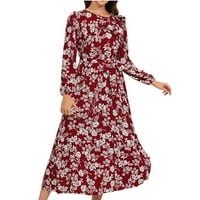 Zimske haljine za žene čišćenje Ženska okrugla deckck dugačak rukav s rukavima cvjetni luk kravata crvena