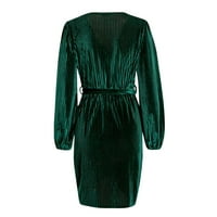 Haljine za žene žensko-lampica kratki čvrsti dugi rukav V-izrez casual vruće prodajne haljine tamnozelene