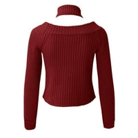 Žene s ramena čiste boje pletenja u boji Halter dugih rukava hladno rame Slim fit obrezirani pulover