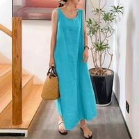 Ljetne haljine za žene bez rukava A-line Dužina gležnja Cute okrugli izrez Čvrsti datur Dress Blue XXL