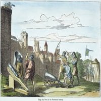 Opsada srednjovekovnog grada. NSIEGE iz grada u 14. stoljeću: Graviranje drva, 19. stoljeće. Poster