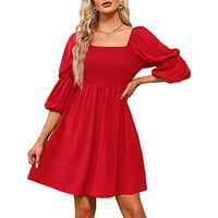 Ženske haljine rukave na rukavu ležerna cvjetna a-line kvadratna dekoltetna haljina crvena m