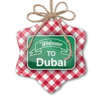 Božićni ukras zeleni znak Dobrodošli u Dubai Red Plaid Neonblond
