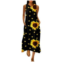 Bazyrey cvjetne ljetne casure za sunčanje za žene za žene cvjetne džepove Ljetne haljine Ženske V-izrez Ležerne prilike bez rukava Crna L