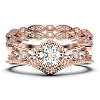 Antique Art Deco 2. CARAT okrugli rez Crown Diamond Moissite Angažman prsten, vjenčani prsten, dva podudarna traka u srebru s 18k ružičastog zlata, Obećaj prsten
