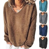 Fonwoon Dame Fluffy džemper od runa prevelizirani čvrsti u boji tunike Vruće V izrez seksi vrhovi za