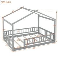 Podni krevet u punom veličini s ogradom, drvenim okvirom za krevet Montessori sa krovnim dizajnom i