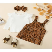 Djevojke za djecu s rubom rebraste pletene ruffles majice s dugim rukavima + Leopard haljina za suspenziju