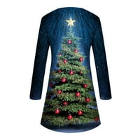 Aoochasliy ponude božićne haljine Žene Trendy Xmas Tree Ispis Dugi rukav okrugli vrat Duljine koljena
