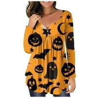 Tking modni vrhovi dugih rukava za žene V izrez Halloween Print majice Pleased gumb Tunički bluza MULTICOLOR