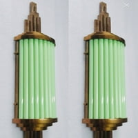 Par antikne vintage Art Deco Mesing & Opaline Green Staklena šipka Svjetlosne zidne Sconce
