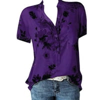 Ženski ljetni vrhovi bluza cvjetni kratki rukav povremeni ženski Henley košulje ljubičaste l