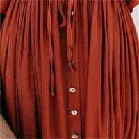 Ženski gumb dolje V izrez ruffle Flowy Maxi haljina za crtanje Carstva Empire Struk duga haljina
