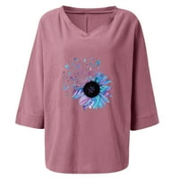Ženski vrhovi V-izrez Ženska bluza Ležerne prilike ispisane ljetne majice s dugim rukavima Pink 3xl