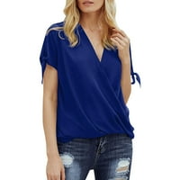 Ženski vrhovi ženski V-izrez kratki rukav čvrstim dame bluze ljetne majice za žene plave s