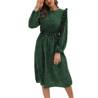 Ženske haljine Modni dugi rukav okrugli vrat Dot tiskani ruffles casual haljina Dugme Ouderwear L Green