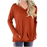 Naughtyhoohoohov ženski rukav dugi rukav duks pulover labavi tunički majica bluza vrhovi V-izrez čvrsta sa džepom S-4XL crvena