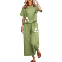Ženske boho set ljeto pamučne posteljine posteljina povremena cvjetna tiskana kratki rukav na vrhu širine pantalone za noge zeleno-xxl