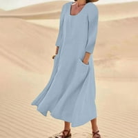 Ballsfhk ženska modna casual čvrsta boja rukav pamučni posteljina dress haljina