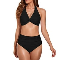 Ženski bikini dva kupaća kostimi s visokim strukom Halter košet podstavljeni čvor kupaći kupališta crni