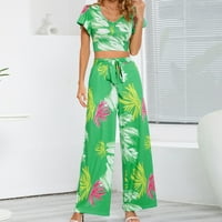 Žene Ljeto odijelo cvjetno print lepršava kratki rukav gornji i široki hlače za noge sa dnevnim boravke