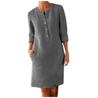 Guvpev ženska modna casual puni gumb džepa Džepna haljina s dugim rukavima - tamno siva xxl