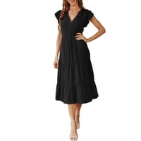 Haljine SoighXZC za žene Ležerne prilike V izrez Ljetna haljina ruffle Cap rukava labava večernja haljina Line midi haljina crna m