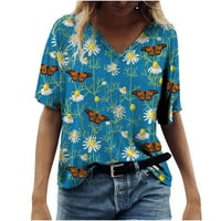 Majica za odmor Loose Fitting Majice kratkih rukava Žene T-majice Ljetna tunika V-izrez Top Cvjetni