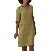 Puawkoer pamuk i posteljina kratki rukav poluga povremena ženska mini haljina za žensku i vratu Ženska