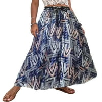 Grianlook Žene nagle elastične struka Maxi suknje Ruched geometrijske tiskane suknje na plaži A-line