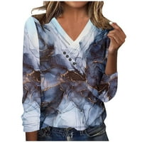 T majice za žene V izrez dugih rukava bluze od kamena tiskano dugme pulover pulover Regularni fit tees