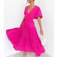 Dyfzdhu ljetne haljine za žene casual modne čvrste boje V-izrez čipke za spajanje rukavske rušenje