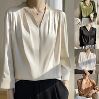 Silky saten majica s dugim rukavima žene Mekana udobna V-izrez Top Elegant bluza Bijela XL