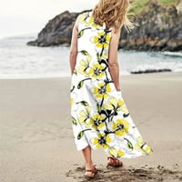 Ženske haljine maxi moda bez rukava A-line ispisana okrugla dekolte za ljetnu haljinu Yellow XL