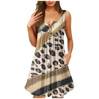 Ženska ležerna ležerna ležerna posada gumbi za vrat labave haljine leopard patchwork plaže mini haljina