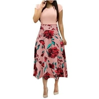 Ženska ljetna casual elegantna cvjetna tiskana majica, kratki rukav okrugli vrat Maxi haljine ružičaste