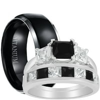 Njegov i njen trio sterling srebrni crni titanijum vjenčani zaručni prsten 10 9